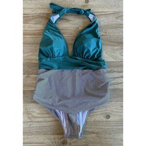 CUPSHE Green Black Striped Halter Top Open Back One-Piece Swimsuit Plus 1X